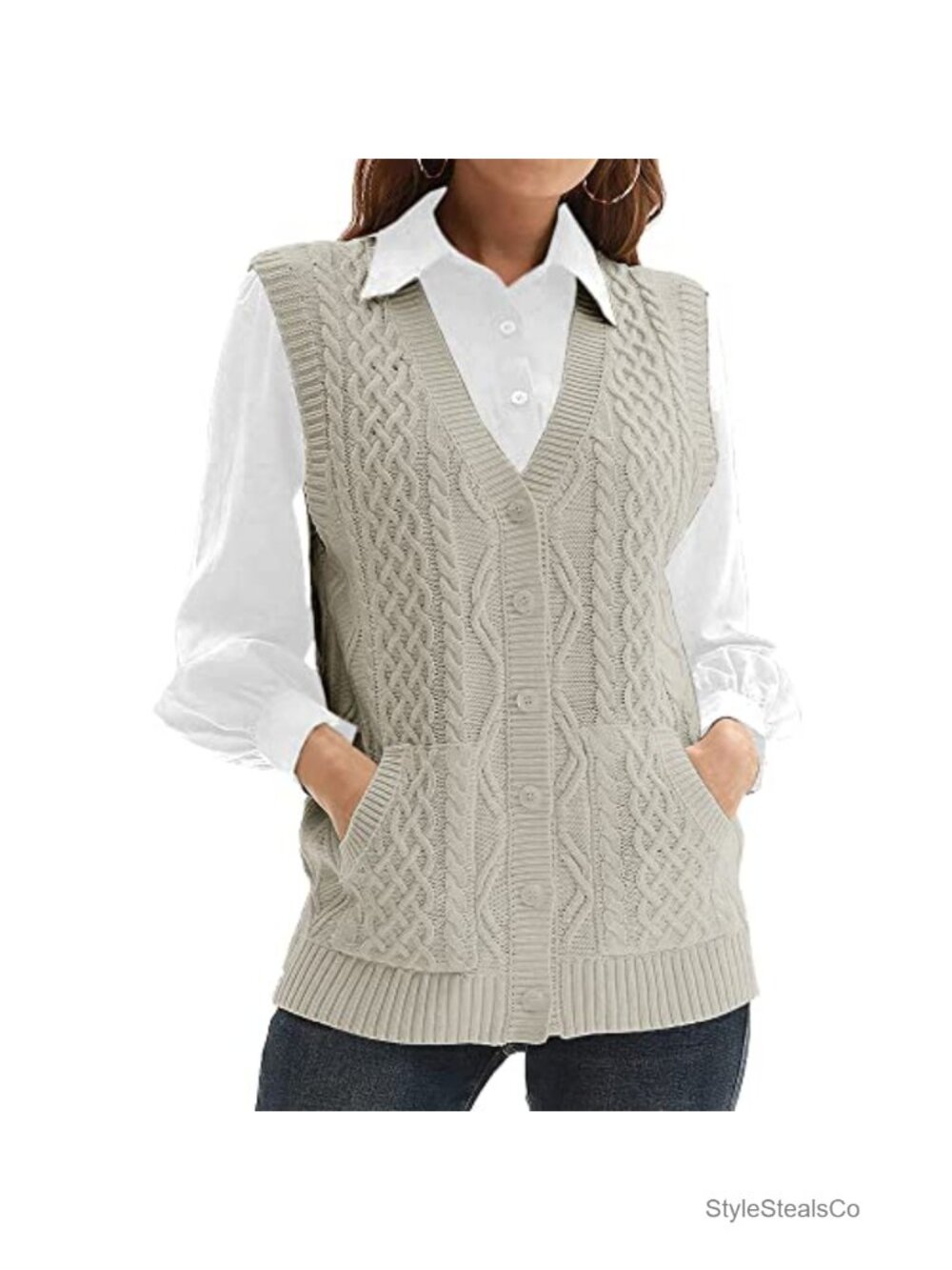 Knit Sweater Vest V Neck Sleeveless Button Down Cardigan Pocket Outwear